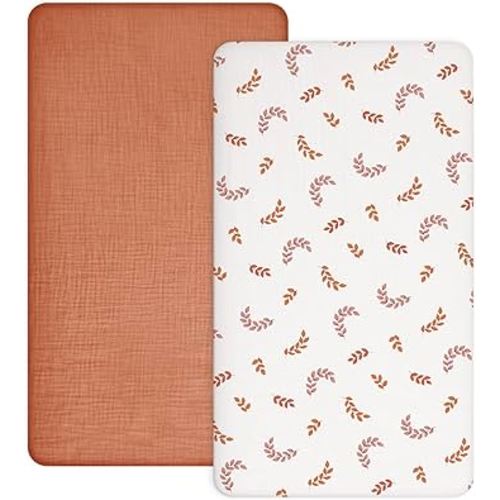 Crib Sheets for Baby Boy Girl 2 Pack, Fitted Crib Mattress Sheet 28" x 52", Muslin Toddler Bedding with Neutral Style, Nursery Bedding Essentials (Brick & Leaf)