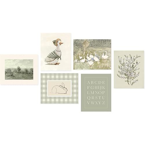 6Pcs Sage Green Nursery Wall Art, Vintage Floral Animal Wall Decor, Duck Rabbit Alphabet Poster for Toddler Kids Playroom Bedroom Supplies 8×10 in Unframed