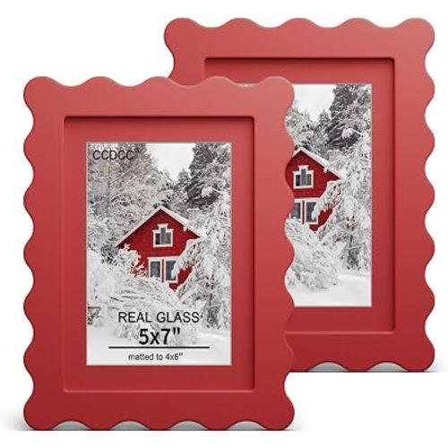 5x7 Picture Frame with Real Glass, Wooden Wavy Photo Frame with 4x6 Mat for Tabletop and Wall Hanging, Red, 2 Pack