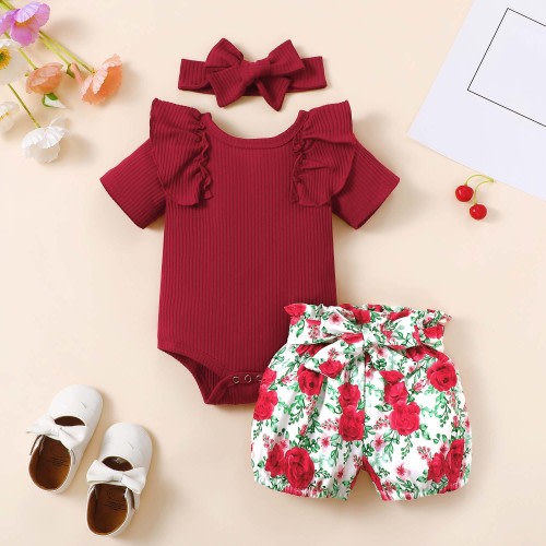 Kayannuo Baby Girl Clothes Short Sleeve summer Newborn Baby Girl Clothes Infant Outfits Ruffle Sleeve Romper Bodysuit Floral Pants Toddler Girl Outfits