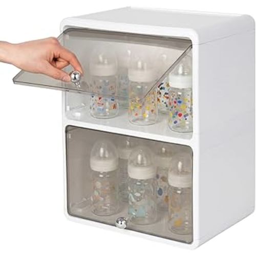 Rainmae Baby Bottle Organizer Clear Stackable Storage for Baby Bottle Nipples and Pump Parts 2-Tier Bottle Storage Organizer Space-Saving Countertop Design for Cabinet Nursery and Kitchen Organization