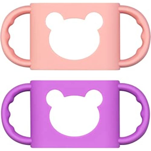Baby Bottle Handles, Durable Food Grade Silicone Transitional Sippy Cup Handle Grip for Wide-Neck Baby Bottles, Cute Bear Design, Pack of 2, Pink & Purple