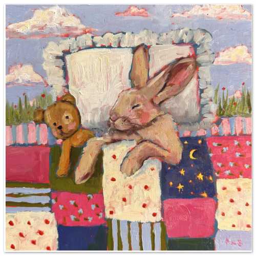 Fine Art Print, 'Bunny and Puppy Take a Little Nap', whimsical art, nursery artwork, oil painting
