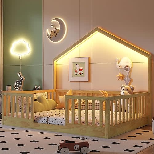 Full Floor Bed with High Rails, Wooden Montessori Bed Frame with Single Color Light and House Shape Design, Low Profile Beds for Kids, Boys and Girls, Natural