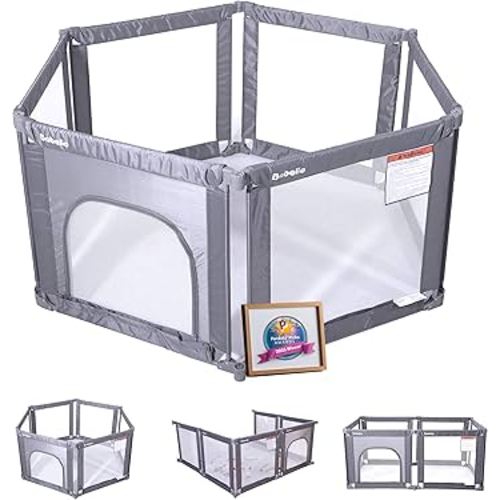 Babelio Wall Mountable Playard, Foldable Playpen for Babies and Toddlers- Adjustable Shape & Area, 62 * 31" Playpen with Zipper Gate, Portable Baby Fence for Indoor & Outdoor