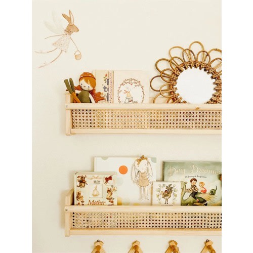 Montessori Rattan Wall Shelf for Nursery | Handmade Natural Wood Book Rack | Boho Baby Room Organizer Kids Bookshelf Decor
