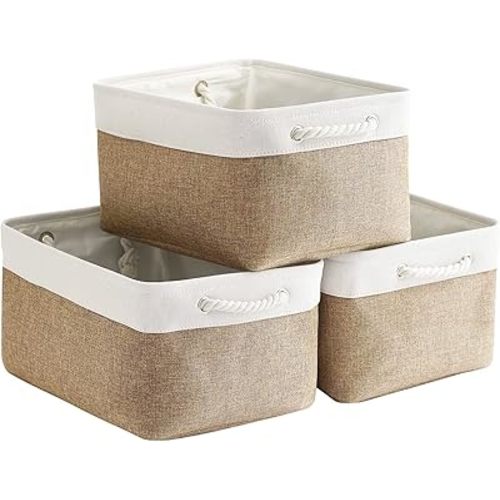 Fabric Storage Baskets - Rectangular Baskets for Organizing Fabric, Shelves & Decorative Use (White & Khaki)