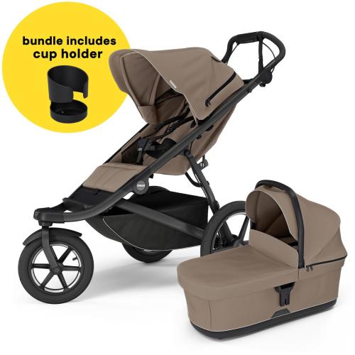 Thule Urban Glide 3 Single Jogging Stroller + Cup Holder + Bassinet Bundle - Tinted Taupe