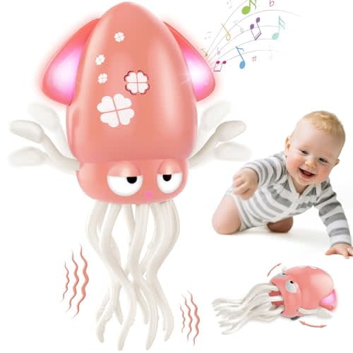 Baby Dancing Octopus Toy for 1 2 3 4 5 Year Old Boy Girl,Baby Tummy Time Electric Crawling Octopus Toys 12-18 Months,Dancing Squid Toy for Walking Toddlers,Kids 1st Birthday Gifts,Pink