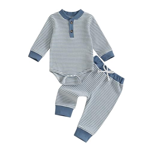 allshope Newborn Baby Boy Fall Outfit Romper Long Sleeve Solid Jumpsuit Bodysuit Elastic Waist Pants Infant Waffle Clothes