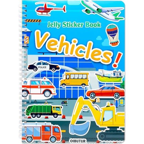 Jelly Sticker Books for Toddlers 2-4 Years, Reusable Sticker Book for Kids 1-3, Toddler Easter Basket Stuffers＆Travel Essentials Vehicles Stickers for Kids Toddler Plane Activities (Vehicles)