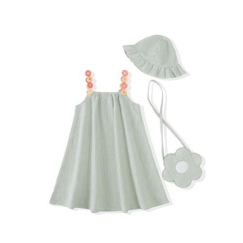 Yhnslsf Toddler Girls Summer Dresses 3-Pieces Casual Sleeveless Sundress Girls' Flower Strap Dress with Bag and Hat Outfits