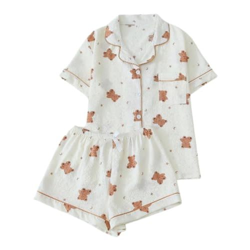 Verdusa Pajamas For Women Set 2 Piece Cute Pjs Sleepwear Lounge Sets | Pj Sets For Woman, Button Down Shirts With Pajama Shorts, Cute Print, Comfy Sets