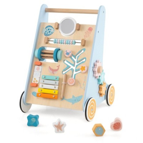 Infans Wooden Baby Walker Push and Pull Learning Activity Center with Wheels Push Toy
