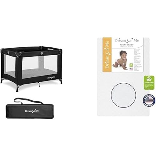 Dream On Me Nest Portable Play Yard with Carry Bag and Shoulder Strap, Black & Sunset 3” Extra Firm Fiber Crib Mattress, Greenguard Gold Certified, Waterproof Vinyl