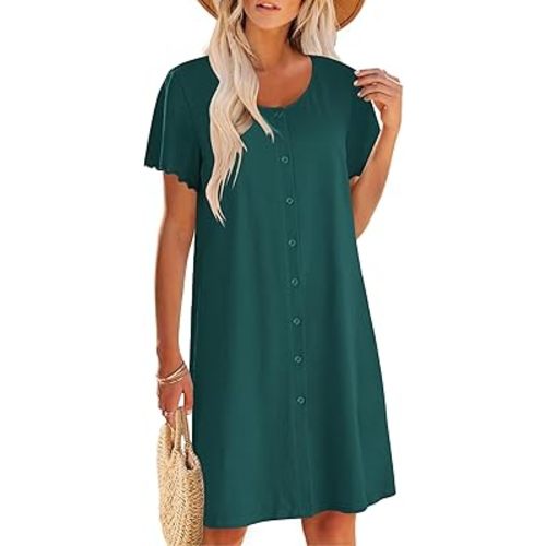Ekouaer Womens' Cotton Nightgown Ladies Short Sleeve Sleepshirt V Neck Button Down Night Gowns Casual House Dress