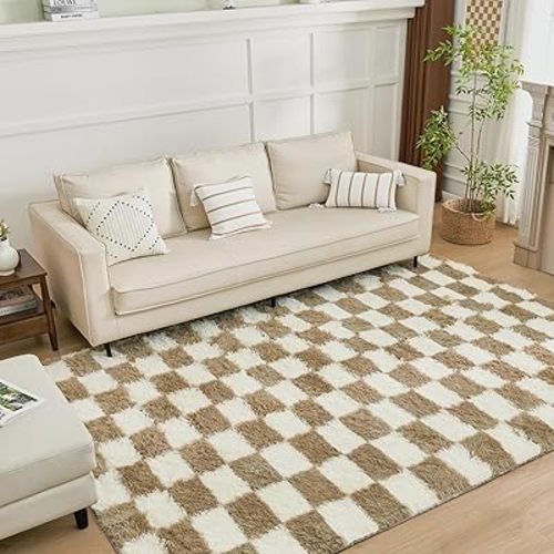 Andency 8x10 Ft Beige and White Area Rug for Living Room Classic Checkered Shaggy Rug Non-Slip High Pile Soft Fluffy Rug Fuzzy Carpet Bedroom Kids Toddler Room Nursery Playroom, Cute Dorm Home Decor