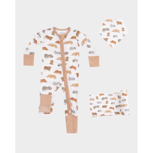 Boy's Napping Puppies 2-Way Zip Footie Romper, Swaddle Blanket & Bandana Bib, Size 0M-24M