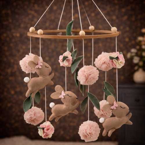 Bunny Baby Crib Mobile with Pink Flowers, Baby Girl Nursery Decor