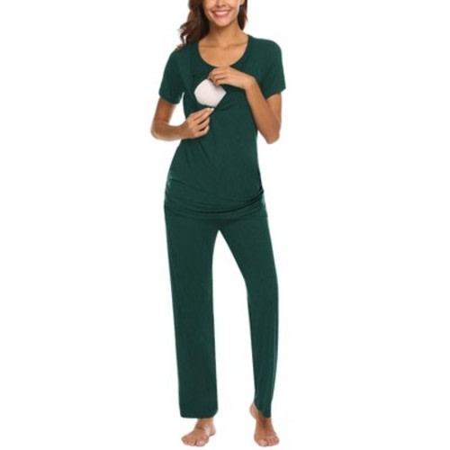 Ekouaer Women Maternity Nursing Pajama Set Breastfeeding Sleepwear Set Short Sleeve Top & Pants Postpartum Pajamas Dark Green XL