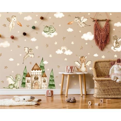 Baby Dragons | Reusable FABRIC Wall Decal Eco Friendly | Peel & Stick | Cute Watercolor Dragons Clouds Castle Stars | Whimsical Fairy Tale