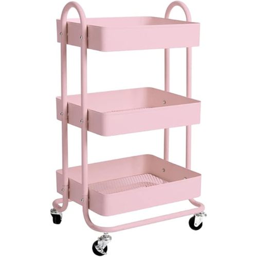 Levede 3 Tiers Kitchen Trolley Cart Steel Storage Rack Shelf Organiser Pink, Metal Utility Cart, 3-Tier Kitchen Trolley with 4 Wheels, Rolling Storage Cart Trolley for Kitchen Storage & Organisation