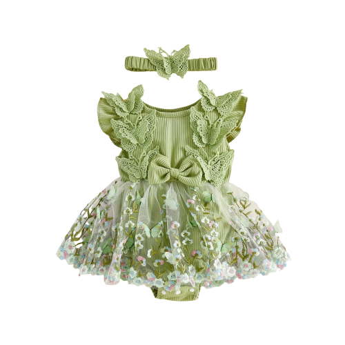 Loicainy Baby Toddler Girls Rompers Dress 3 6 9 12 18 Months Floral Embroidery Butterfly Decor Fly Sleeve Crew Neck Skirt Hem Infant Bodysuits Jumpsuits with Headband