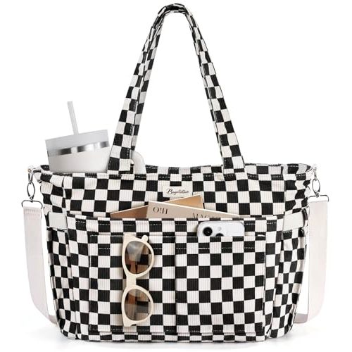 Bagstellar Corduroy Tote Bag for Women, 17 Pockets Laptop Work Tote Purse | Large 15.6” Computer Bag w/ 40oz Cup Holder & Strap, Zipper Teacher Nurse Bible Shoulder Bag for School Travel College Office