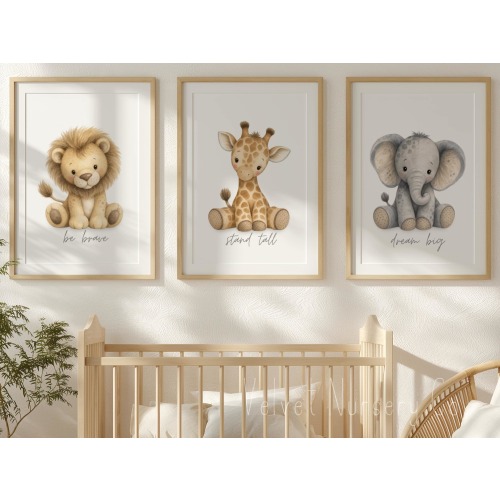 Safari Nursery Wall Art Set of 3, Neutral Baby Animal Prints, Elephant Giraffe Lion Decor, Watercolor Jungle Nursery Printable