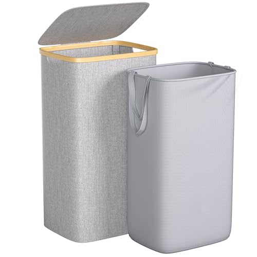 Foluck Large Laundry Hamper, 100L Waterproof Laundry Basket with Lid and Removable Bag, Collapsible Tall Clothes Hamper with Bamboo Handles for Clothes Toys in Dorm Bedroom Bathroom, Grey