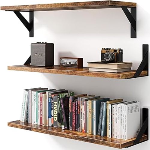 Floating Shelves for Wall, Wall Mount Book Shelf, Hanging Shelves, Wall Bookshelf for Bedroom, Office, Living Room (Rustic Brown, 17 Inches)