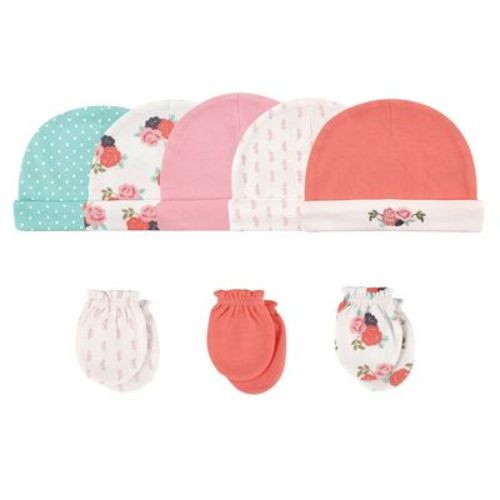Hudson Baby Infant Girl Cotton Cap and Scratch Mitten 8pc Set, Floral, 0-6 Months
