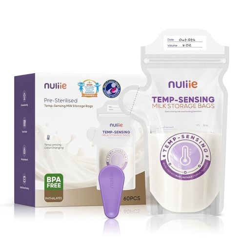 Nuliie 60pcs Temp-Sensing Breastmilk Storage Bag, Huge Temp-Sensing Icon & Locking Clamp, 6oz Breast Milk Storage Bags Freezer Pour Spout, Self Standing Milk Storage Bags Breastmilk, BPA-Free No-Leak