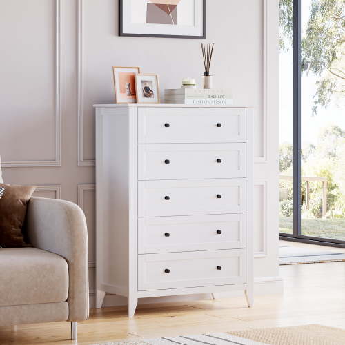 GOCAPTAIN 5 Drawer Dresser, White Tall Chest of Drawers, Modern Wooden Storage Cabinet for Entryway, Living Room, Hallway
