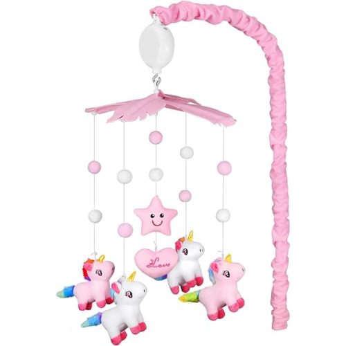Baby Crib Mobile for Girls, Unicorn Crib Mobile with Music, Pink White Musical Nursery Mobiles, Pink Nursery Decor, Crib Mobile for Infant Baby with 6 Hanging Plush Toys, 35 Lullabies, 28” Mobile Arm