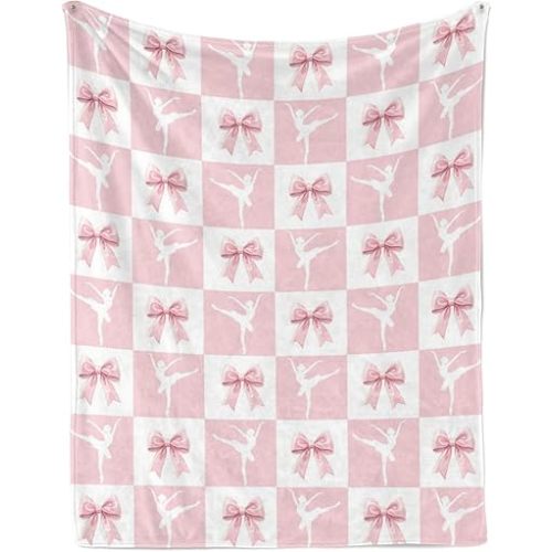 Pink Bow and Ballet Blanket for Women Girls, Soft Home Decorations for Nursery Crib, Girls, 30 x 40 Inches