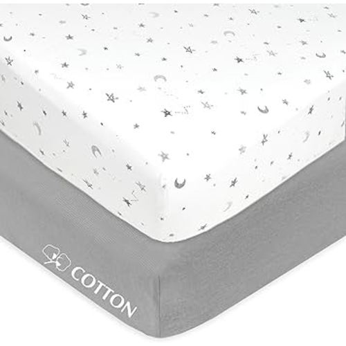 American Baby Company 2 Pack 100% Natural Cotton Fitted Crib Sheets 52" x 28" - Soft, Breathable, Hypoallergenic & Gentle Toddler Bed Sheets, Gray Stars and Gray, Neutral for Boys & Girls