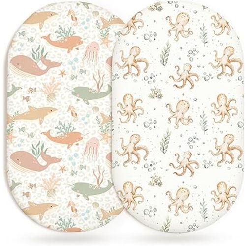 Bassinet Sheets for Baby Girls Boys 2 Pack, Fitted Baby Mattress Sheet for Rectangle, Oval, Hourglass Bassinet Mattress, Breathable Cozy & Universal Fit (Aqua Wonders, Bassinet Sheet)