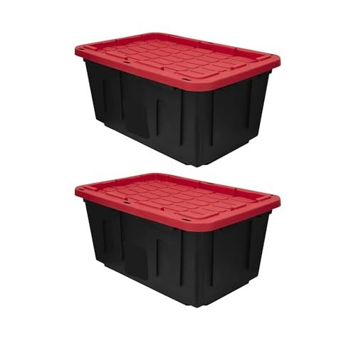 Large Storage Bin (2-Pack) 27 Gallon Plastic Storage Container with Secure Snap-On Lid, Heavy-Duty Stackable Totes for Industrial, Garage, and Home Organization, Black and Red