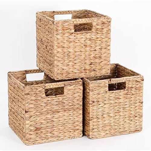 11x11x11in Water Hyacinth Storage Baskets, 11 Inch Cube Storage Bins, Woven Baskets for Storage, Wicker Storage Basket for Shelves Set of 3