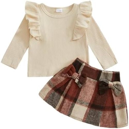 Toddler Baby Girl Fall Winter Clothes Flying Sleeve Solid Color Tops and A-line Plaid Skirt Set