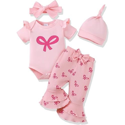 Renotemy Newborn Baby Girl Clothes Infant Romper Spring Summer Outfits Gifts Bell Bottoms Pant Sets for Girls Preemie-12Month