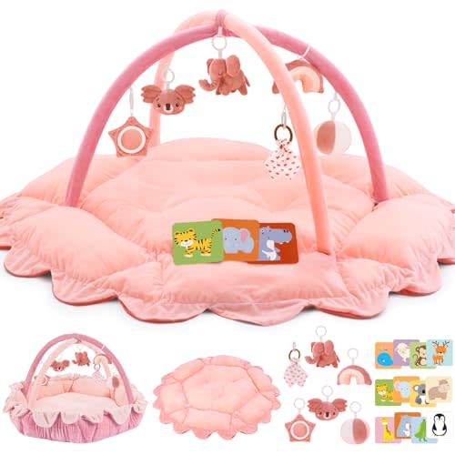 5-in-1 Plush Baby Play Gym, Activity Mat with Convertible Gym, Baby Gym 6 Sensory Toys, Play Center for Newborn to Toddler, Light Pink