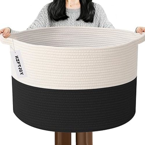 65L Large Blanket Basket,19.7" L x 19.7" W x 13" H Rope Woven Baskets with Handles, Toys Storage Bins,Laundry Basket Perfect for Living Room, Nursery,Bedroom,Home Organization,White&Black