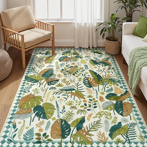 Anidaroel Green Botanical Area Rugs 5x7, Washable Leaf Rugs for Living Room, Non-Slip Soft Rug for Bedroom Aesthetic, Stain Resistant Dining Room Mat Accent Floor Carpet for Farmhouse
