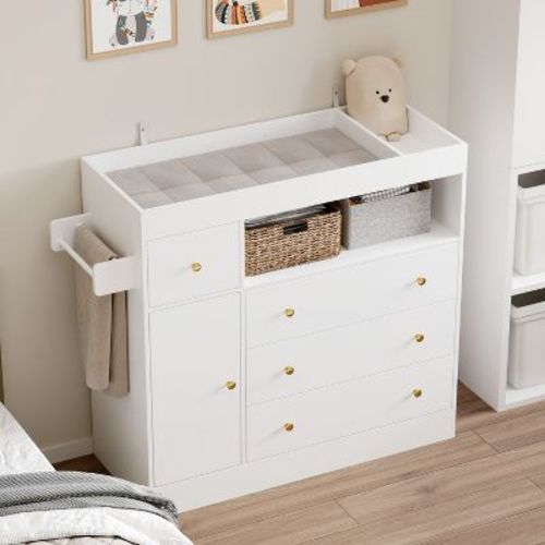 Famapy White Baby Changing Table with Safe Changing Station,Drawers,Cabinet,Towel Rack,Storage Dresser,Diapering Station for Nursery,End Table