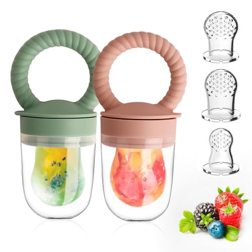 Baby Solids/Frozen Fruit Feeder Pacifier, Infant Teether Toy 4M+, BPA-Free Silicone Pouch & Nipple, Safely Introduce Solids, Teething Relief, 2-Pack (Ring - Green Pink)