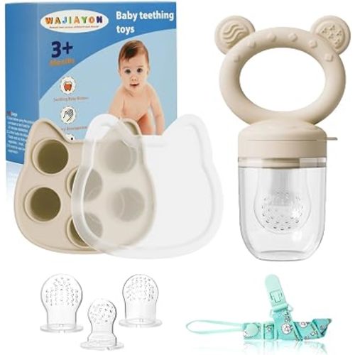 Baby Breastmilk Popsicle Molds & Baby Fruit Feeder, Infant Food Freezer Tray Storage Containers, Silicone Teething Pacifier Feeder and Teether for Babies,Boys and Girls-Beige