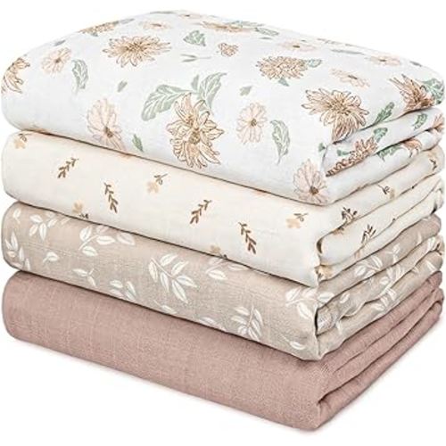 GLLQUEN BABY Muslin Swaddle Blankets 4-Pack Breathable Receiving Blankets (35" x 40") Soft Baby Blankets for Girls and Boys Newborn Essentials Muslin Burp Cloths Swaddle Wrap Baby Gift(Sunflower)