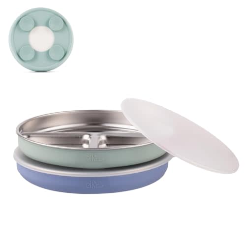 Elk and Friends Stainless Steel Divided Plates with Silicone Sleeve for Babies & Toddlers | Lids Included | Stay Put Suction | Dinner & Snack Plates | 2 Pack